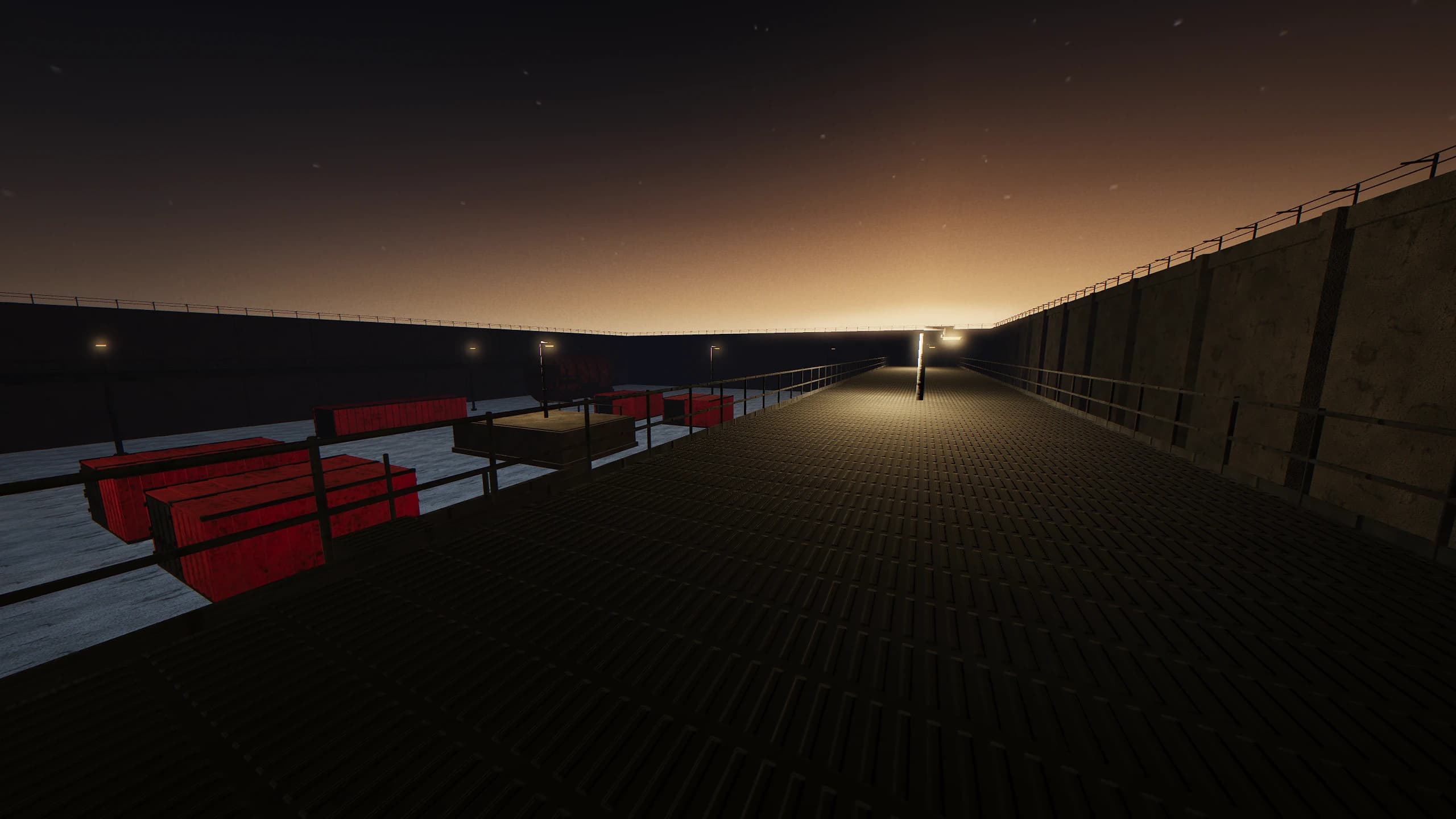The west catwalk above the pipe rack — one of the yard's two vertical routes, and the only place both spawn markers are visible at once.